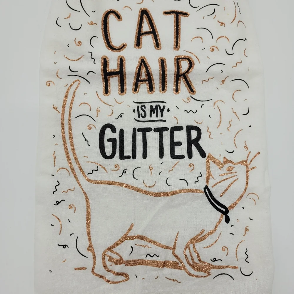 Primitives by Kathy Cat Hair Is My Glitter Dish Towel White Black Gold 28x28 NEW